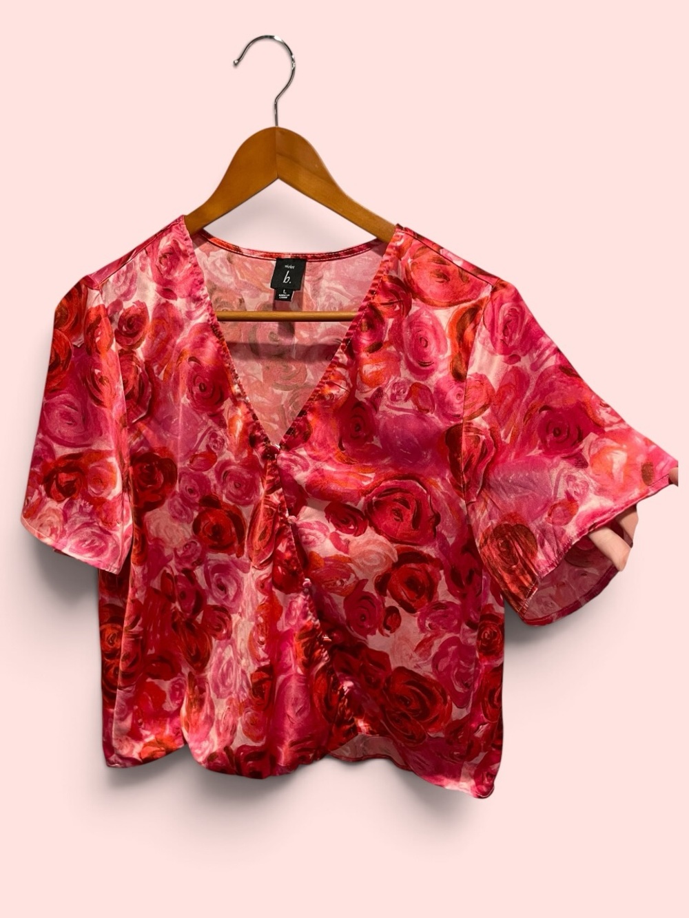 Cute Y2K satin roses asymmetrical button bubble hem top Violet B